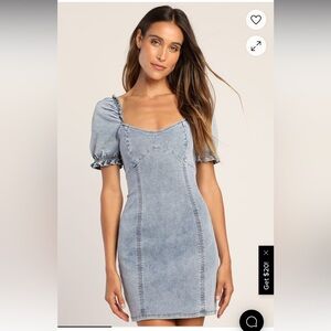 LULUs Sweet Looking Light Wash Denim Puff Sleeve Dress Small